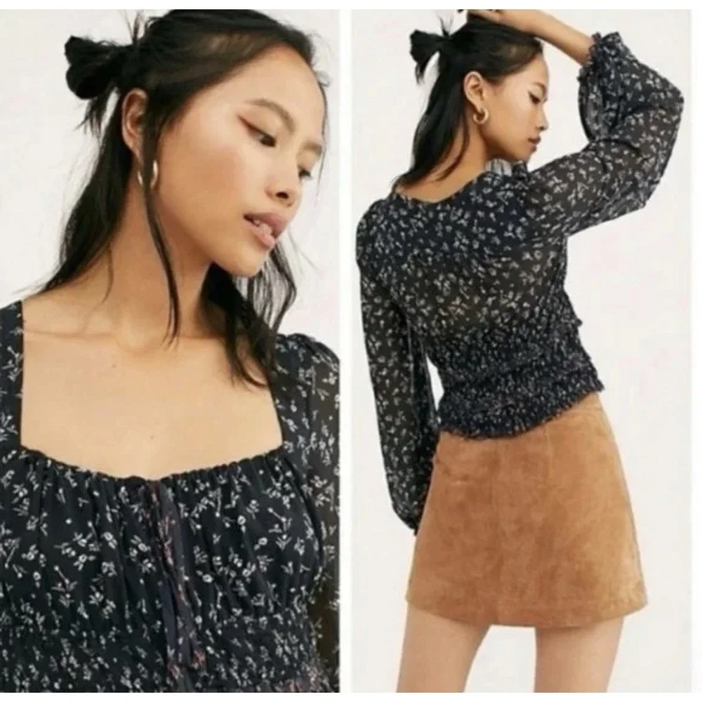 Free‎ People Lolita Floral Smocked Blouse L Black Cottage Peasant Top Semi Sheer